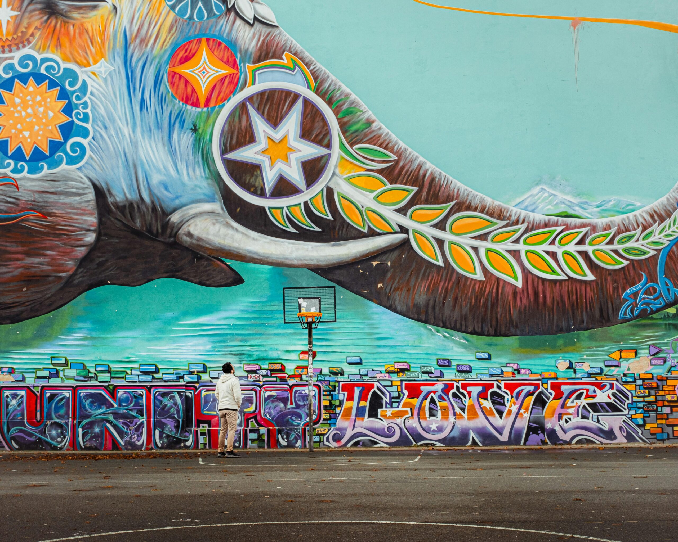 A large elephant painted on a wall